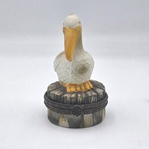Pelican on Pier Porcelain Hinged Trinket Box - Nautical Bird Keepsake 3"